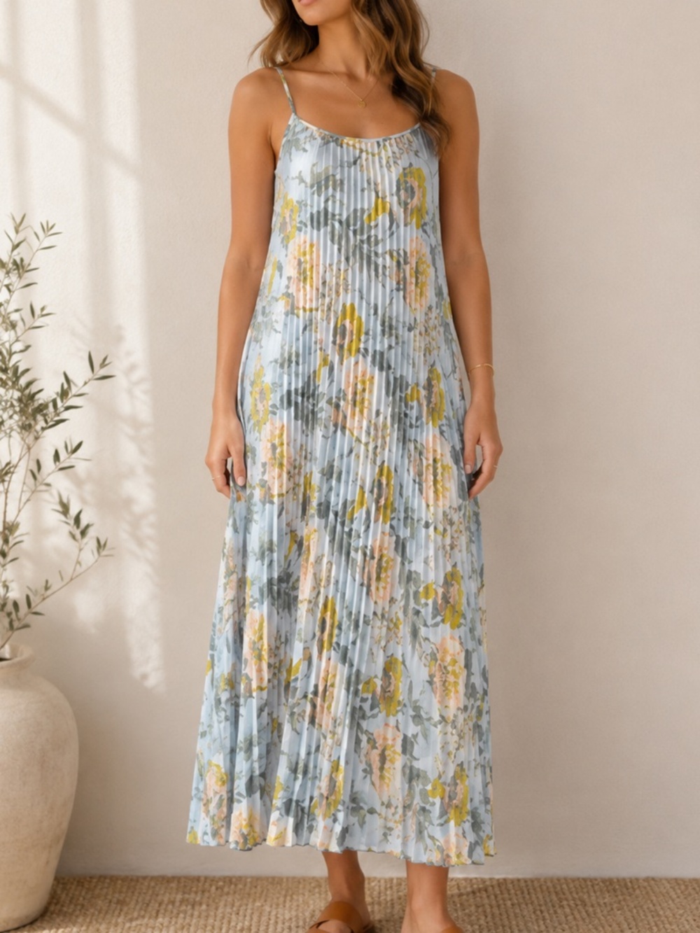 Vince Marine Garden Pleated Cami Dress Surf Mist Floral Large
